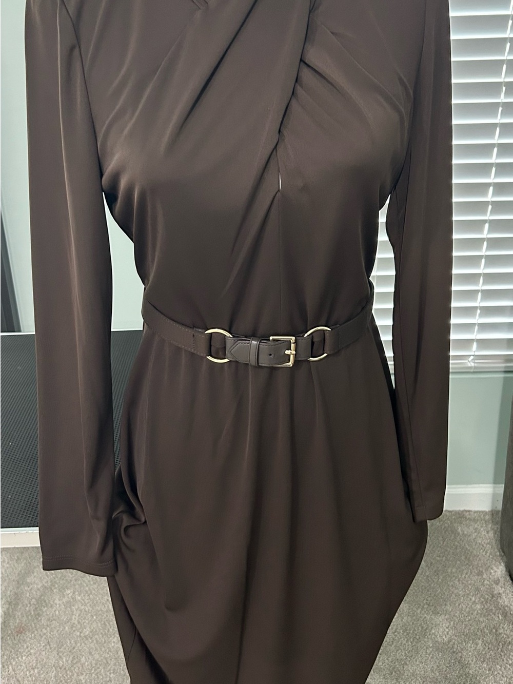 Lauren Ralph Lauren Brown Long-Sleeve Belted Midi Dress